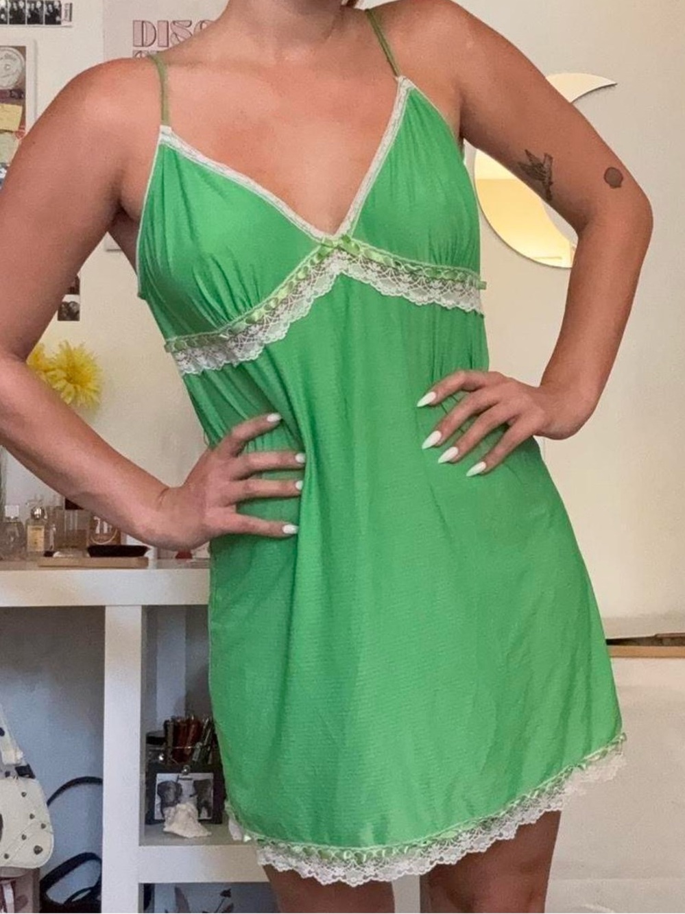 vintage green and white lace babydoll slip dress 🍋🟩🕊️